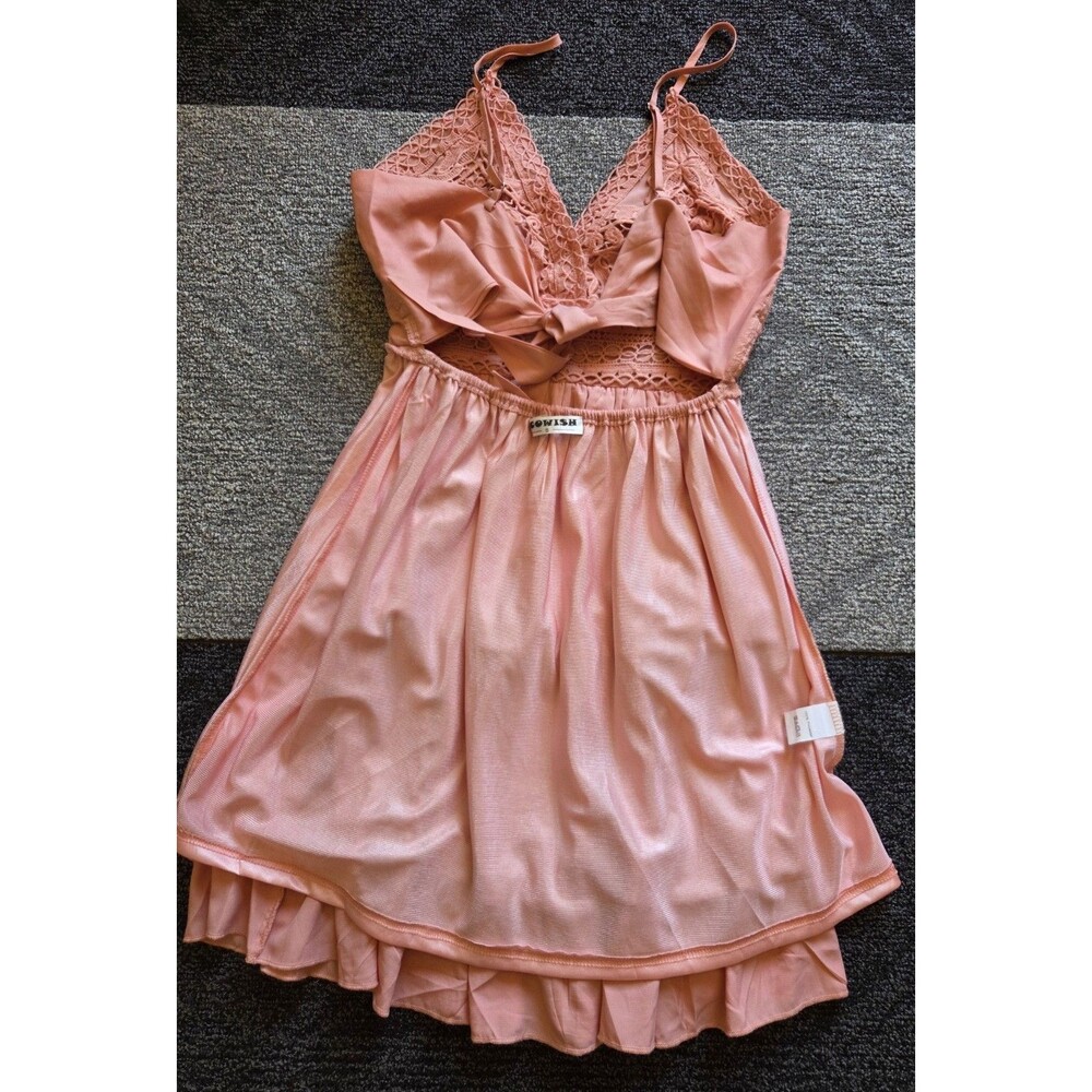 ECOWISH Salmon Pink Lace Ruffle Sundress V-Neck Tie Strappy Short Dress Size S - Picture 5 of 6